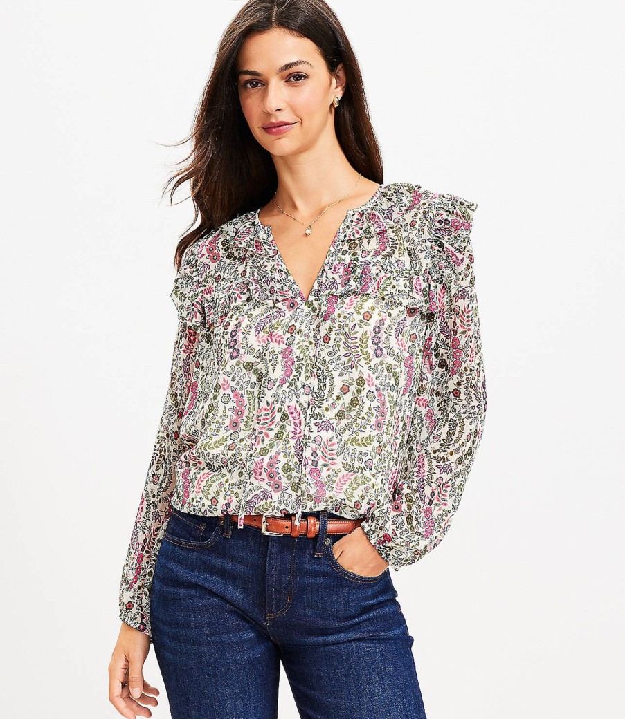 Clothing Loft | Floral Ruffle Tie Neck Blouse Pure Pearl