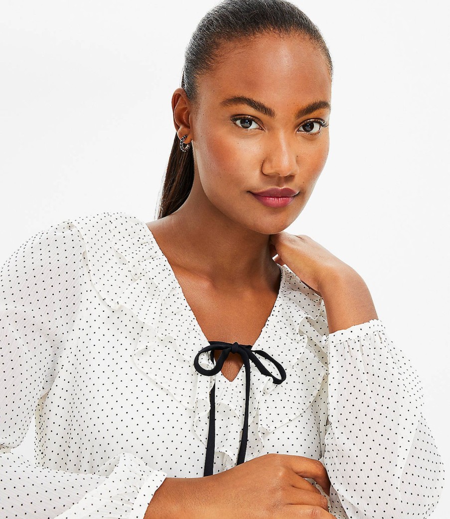 Clothing Loft | Flocked Dot Ruffle Tie Neck Blouse Whisper White