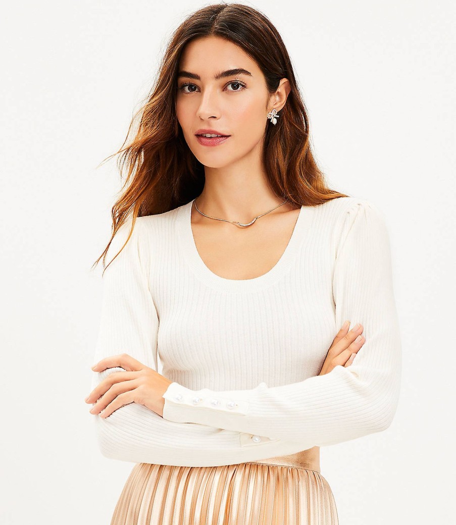 Clothing Loft | Pearlized Cuff Ribbed Puff Sleeve Sweater Whisper White