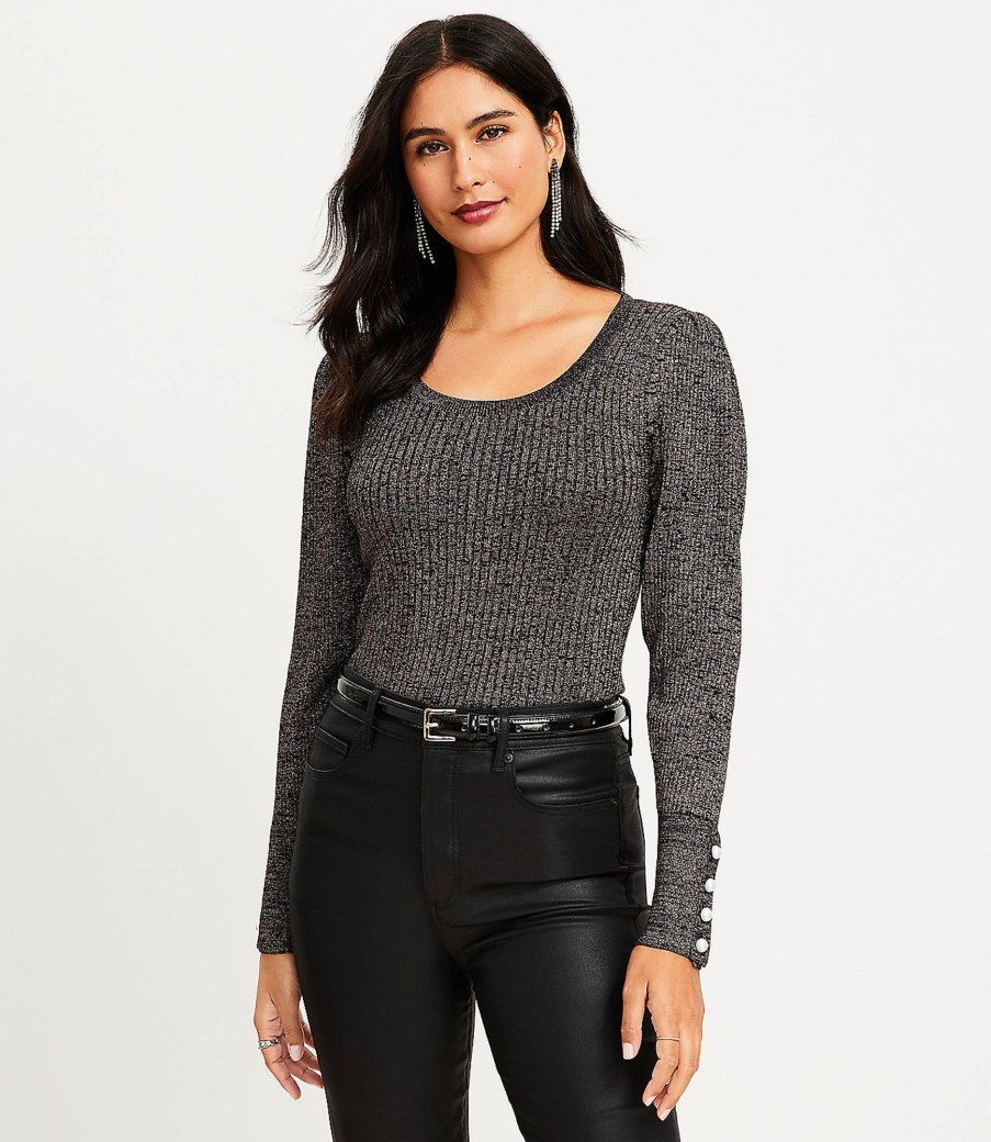 Clothing Loft | Shimmer Pearlized Cuff Ribbed Puff Sleeve Sweater Black