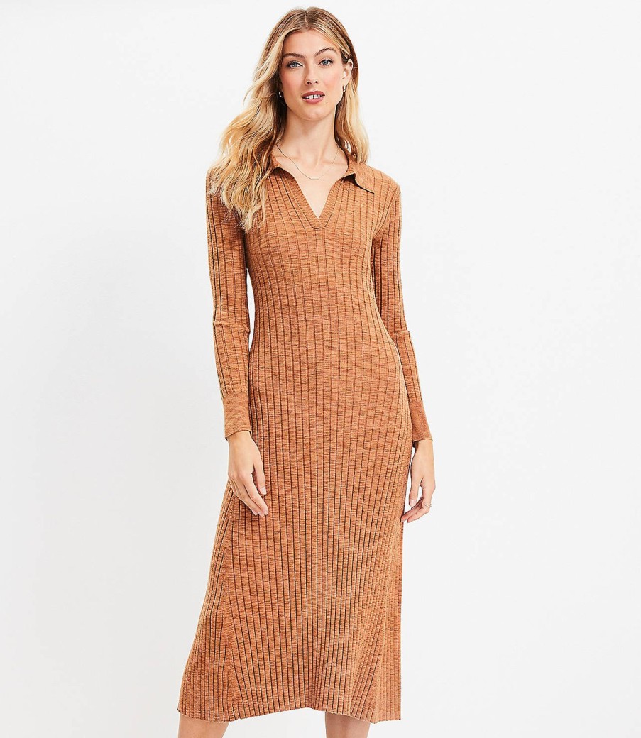 Clothing Loft | Ribbed Midi Polo Sweater Dress Neutral Multi