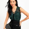 Clothing Loft | Shimmer Paisley Velvet Flutter Tie Neck Top Deep Tropic Green