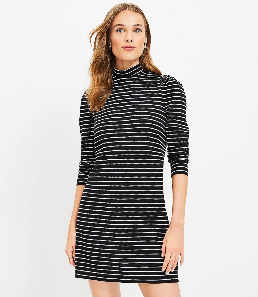 Clothing Loft | Dot Jacquard Mock Neck Shift Dress Black / White