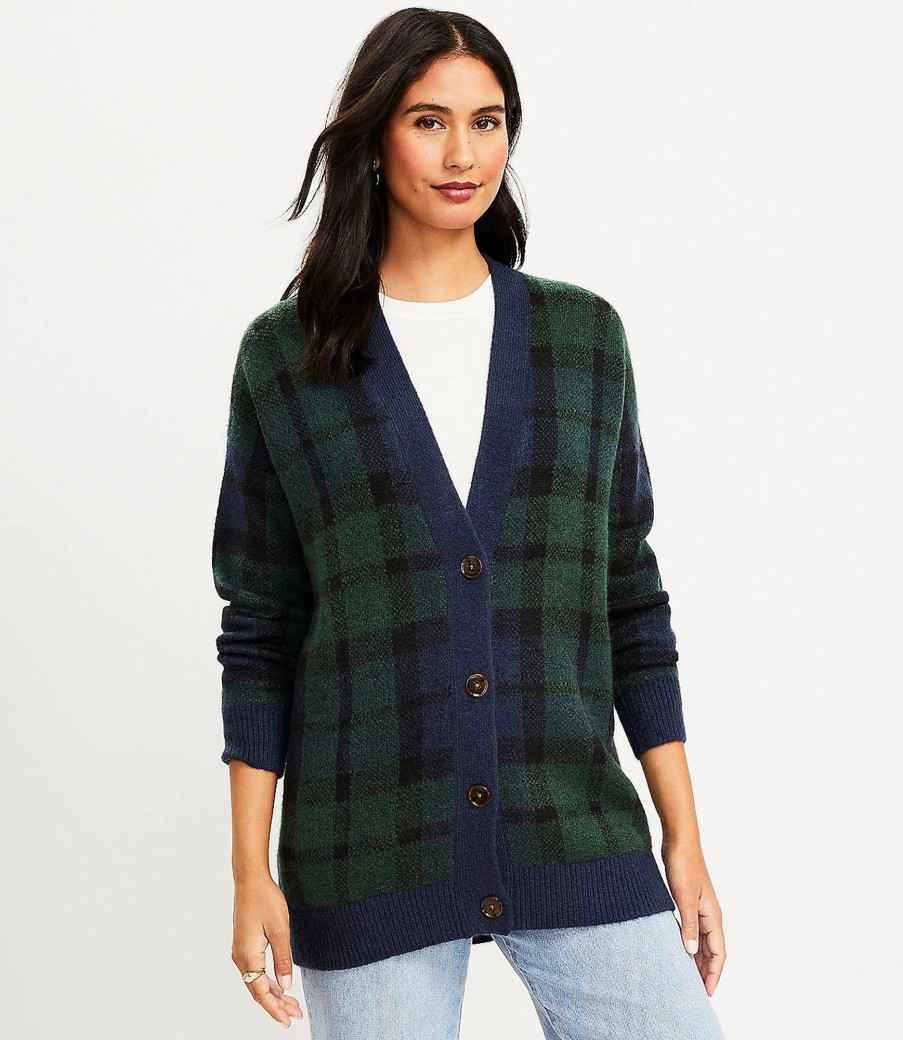 Clothing Loft | Plaid Boyfriend Cardigan Deep Space Blue