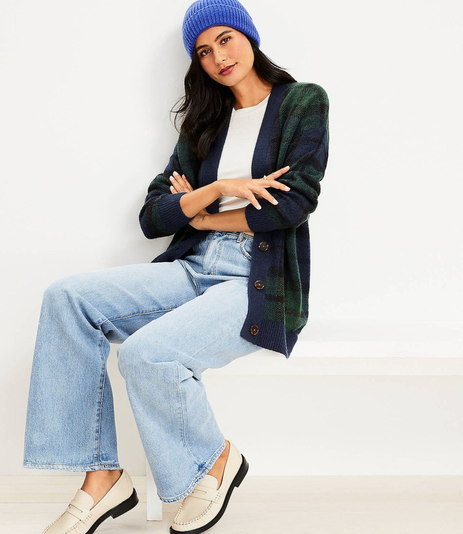 Clothing Loft | Plaid Boyfriend Cardigan Deep Space Blue