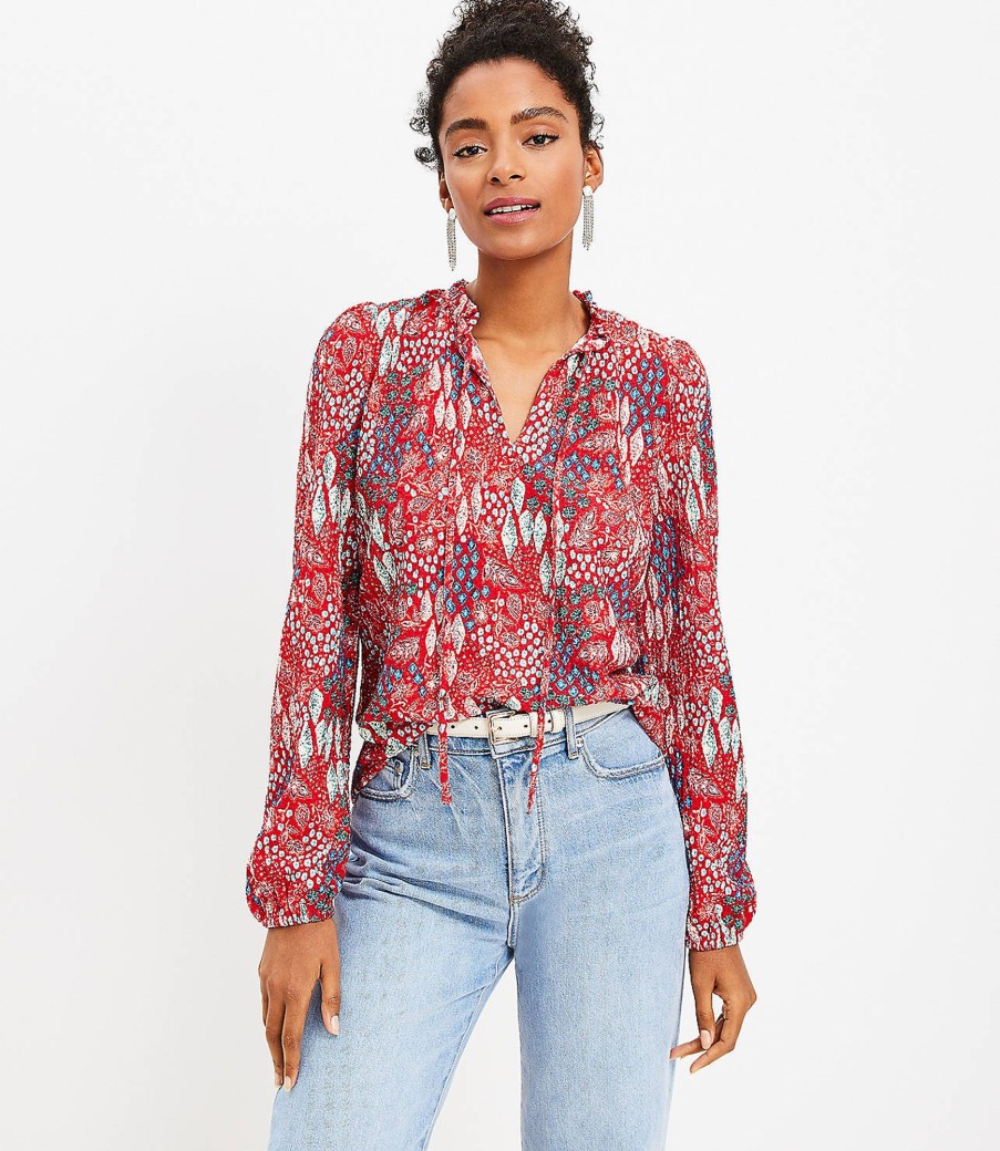 Clothing Loft | Garden Textured Ruffle Tie Neck Top Tango Red