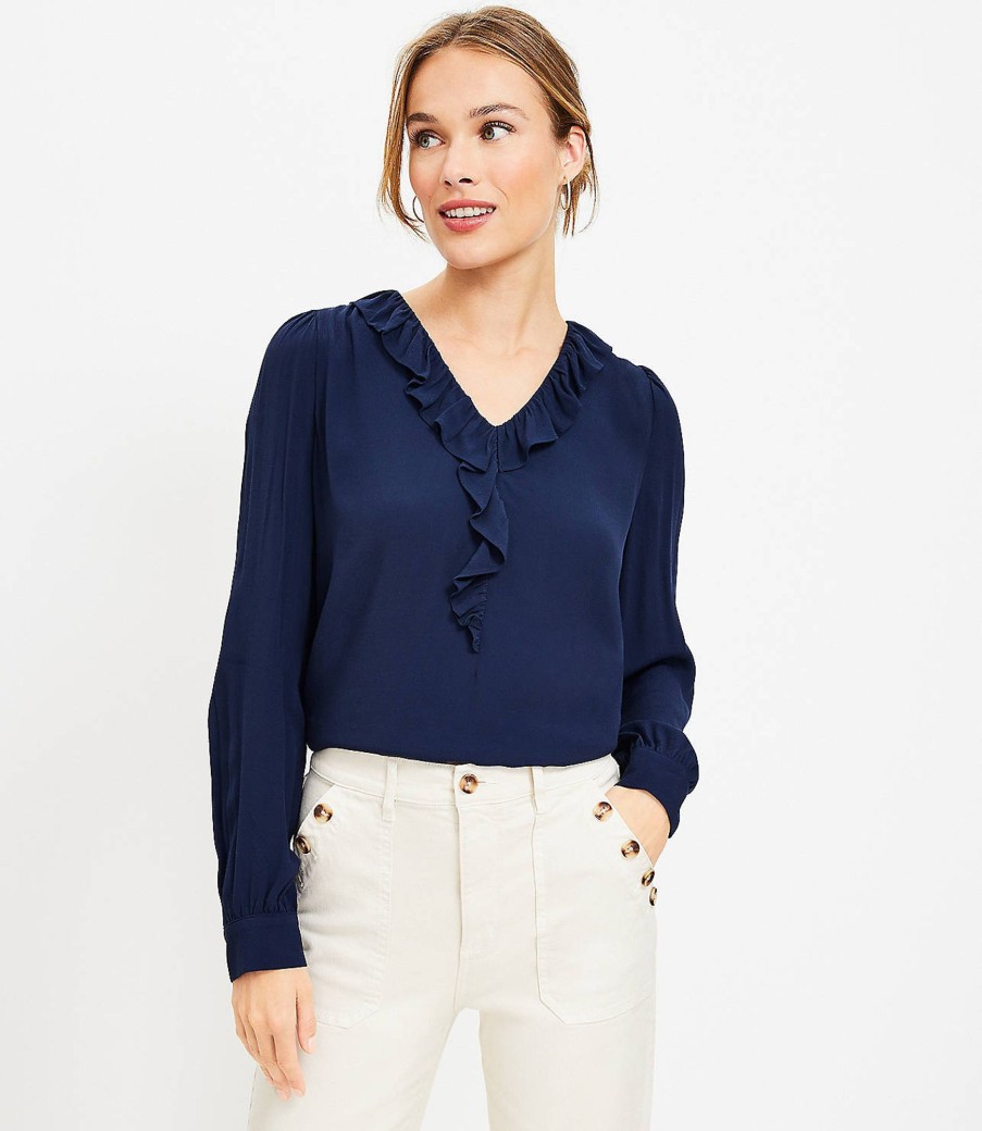 Clothing Loft | Ruffle V-Neck Blouse Deep Space Blue