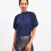 Clothing Loft | Metallic Clip Bubble Sleeve Blouse Deep Space Blue