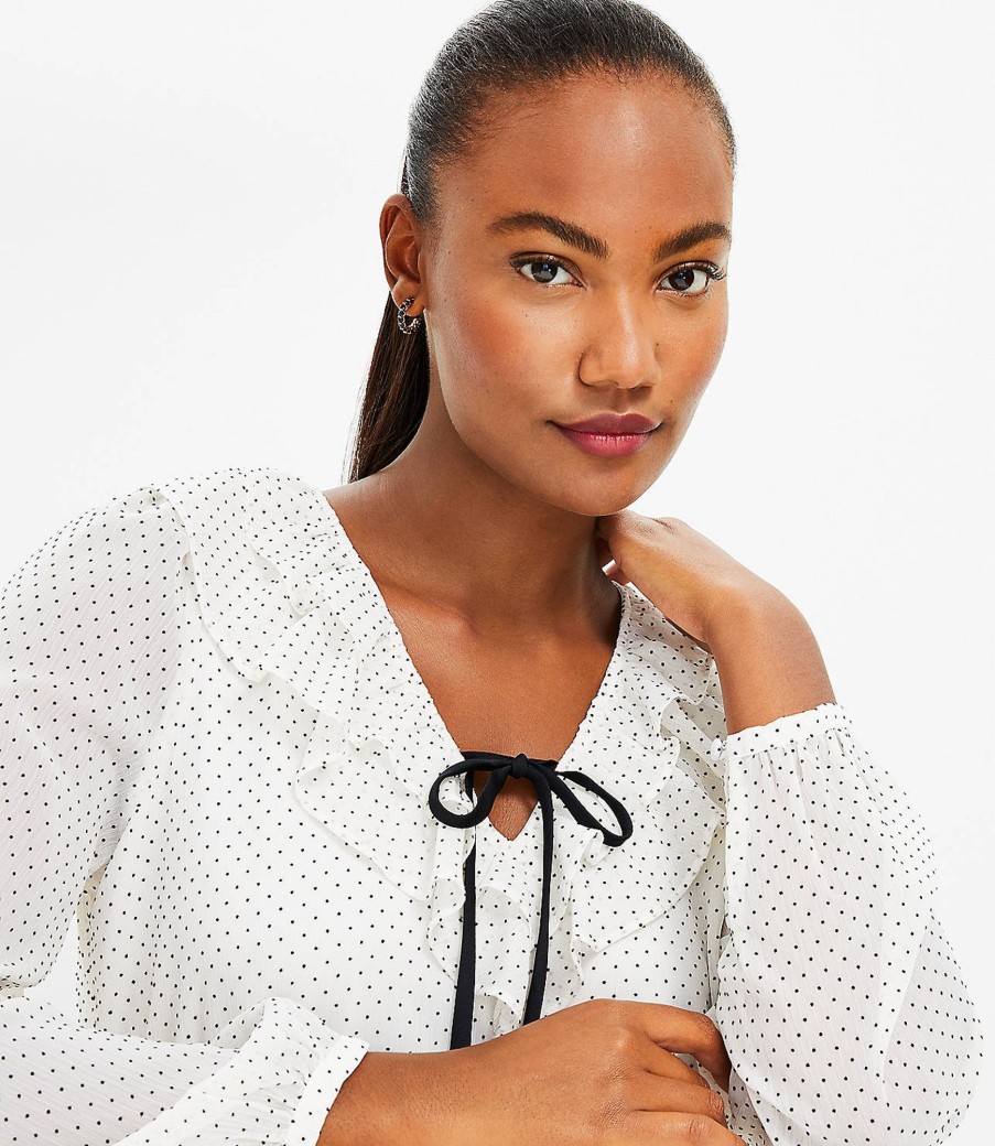 Clothing Loft | Flocked Dot Ruffle Tie Neck Blouse Whisper White