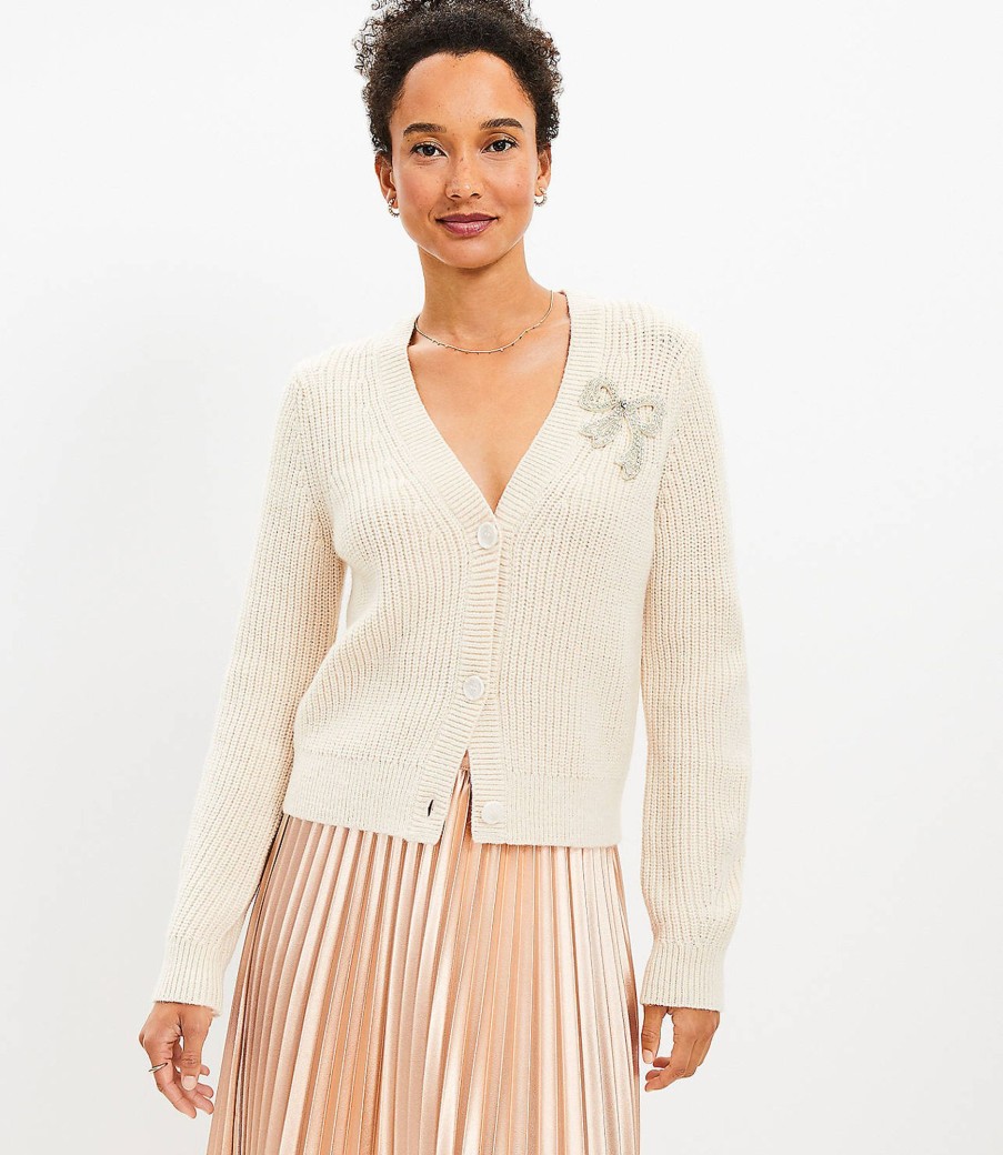 Clothing Loft | Sparkle Bow Ribbed V-Neck Cardigan Whitecap