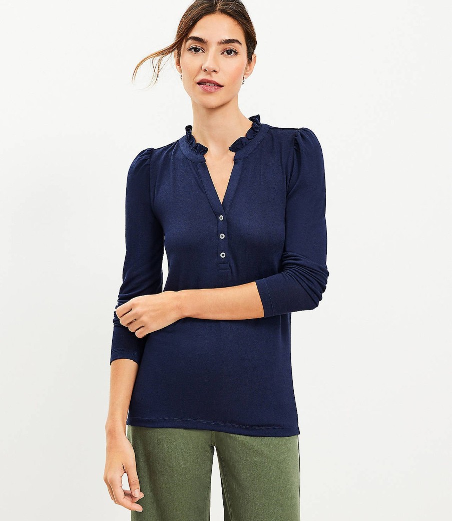 Clothing Loft | Ruffle Collar Henley Top Deep Space Blue