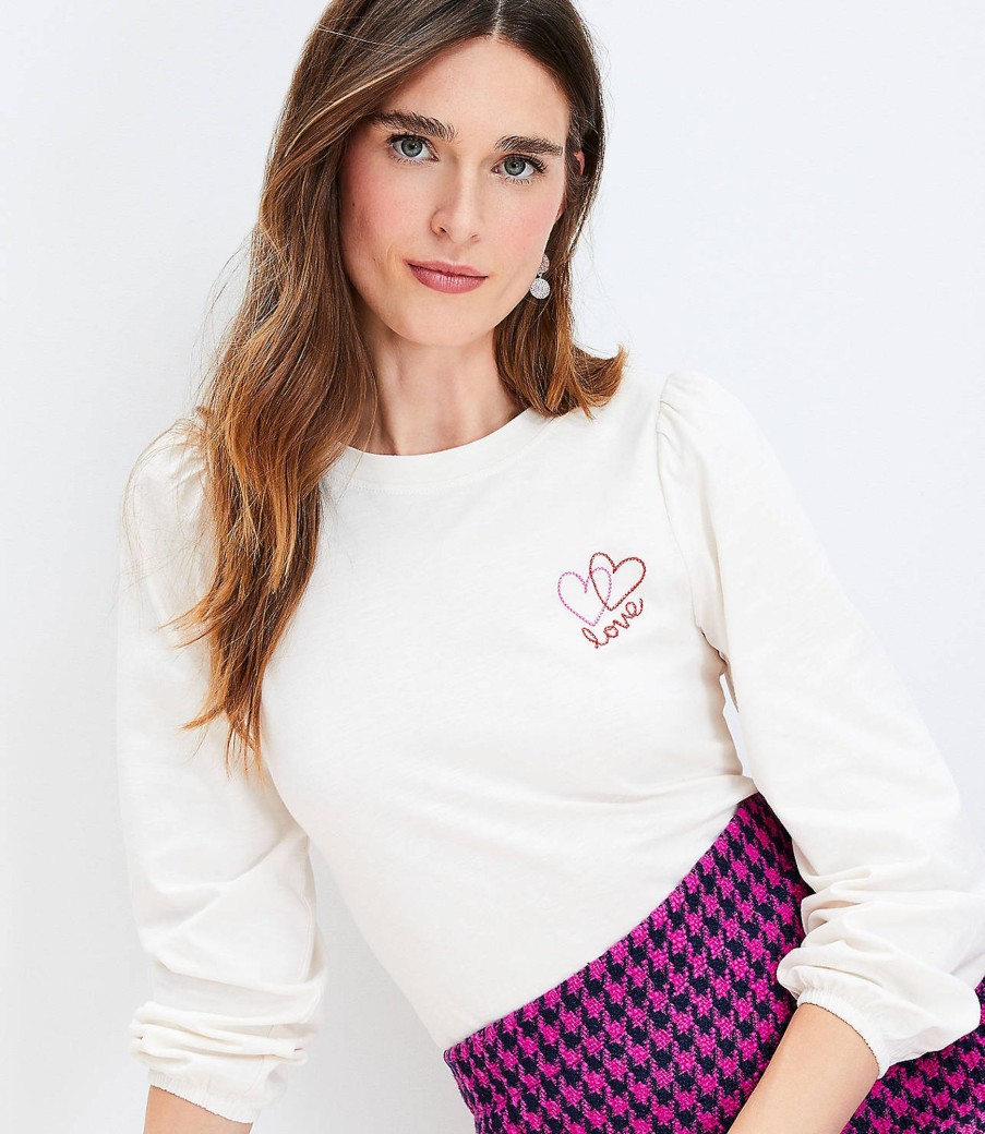 Clothing Loft | Love Hearts Textured Balloon Sleeve Top Whisper White