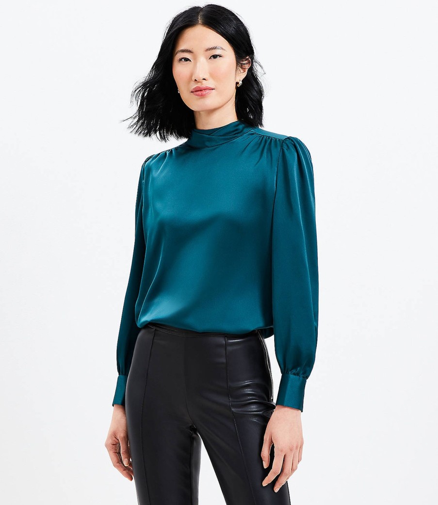 Clothing Loft | Tie Back Mock Neck Blouse Teal Shadow