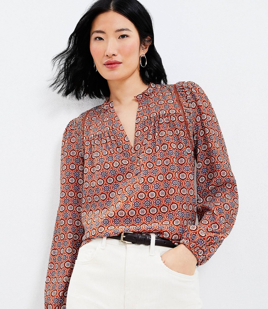 Clothing Loft | Medallion Cutout Ruffle Neck Blouse Burnt Copper