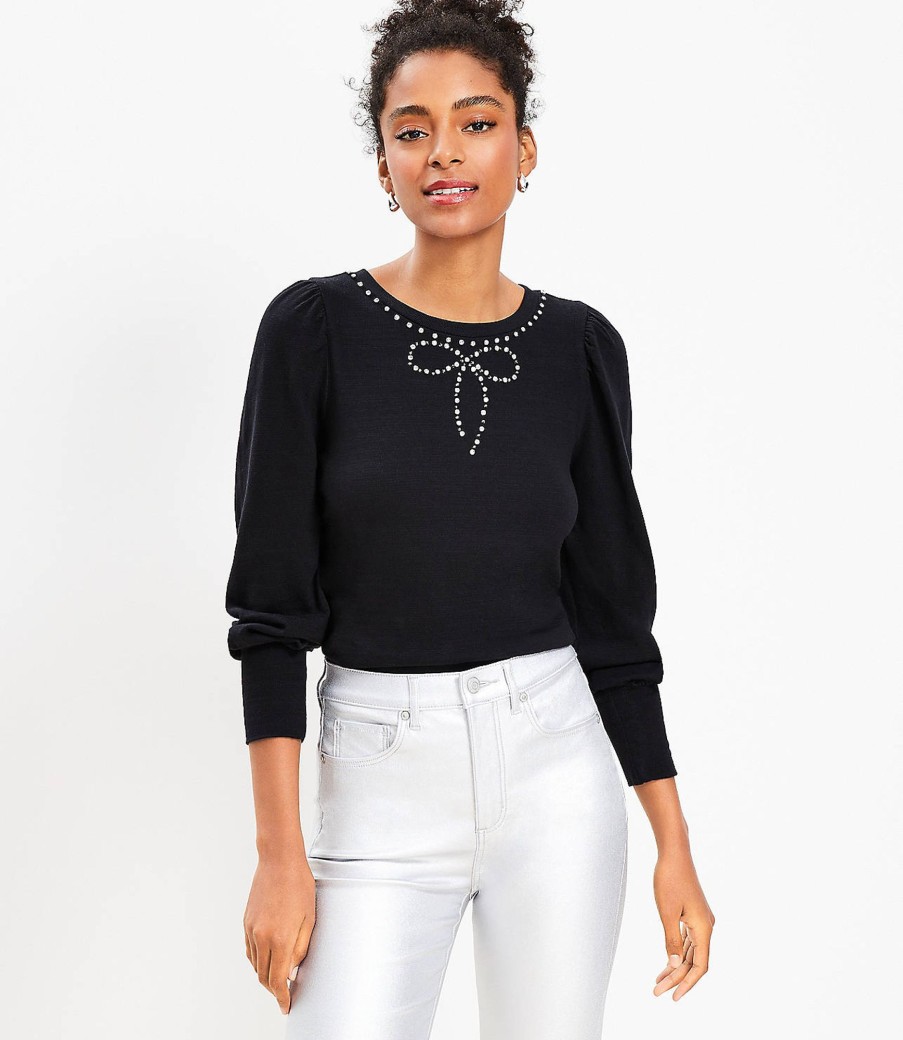 Clothing Loft | Sparkle Bow Cozy Puff Sleeve Sweatshirt Black