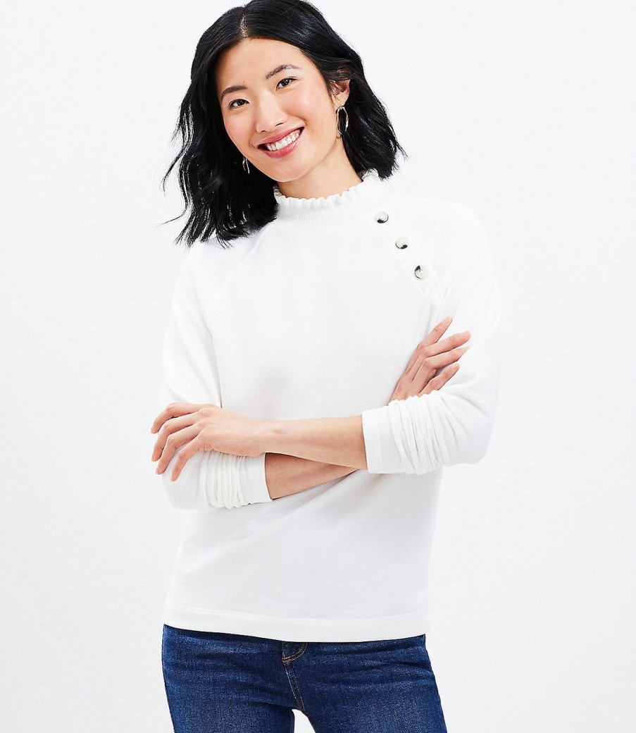 Clothing Loft | Ruffle Neck Cozy Shoulder Button Sweatshirt Whisper White