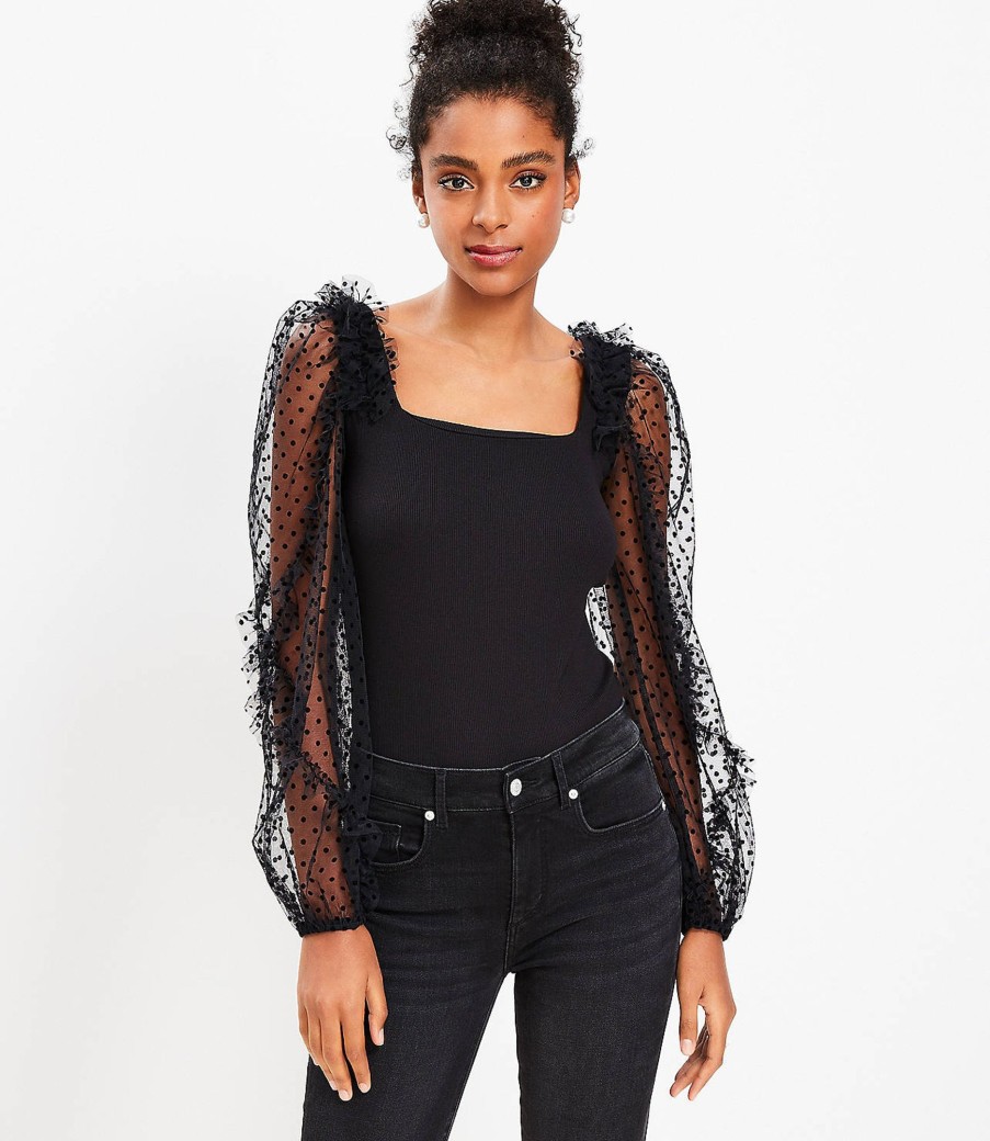 Clothing Loft | Dotted Sheer Sleeve Mixed Media Top Black