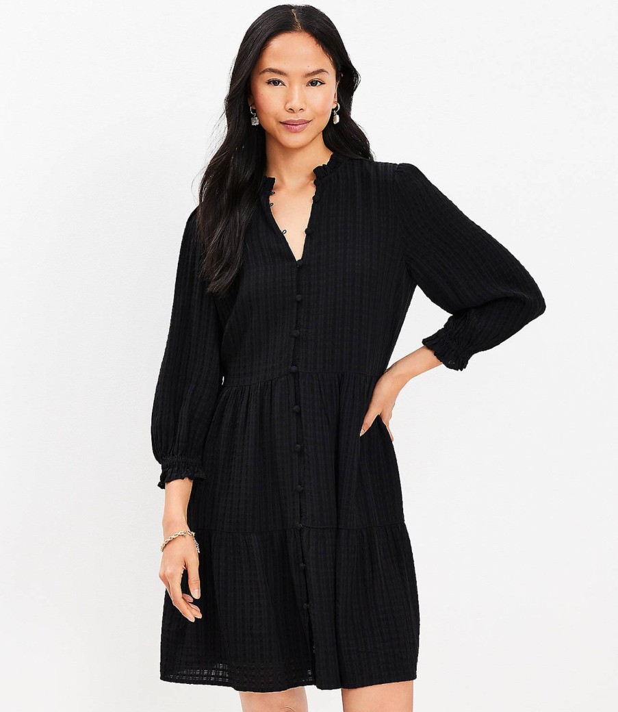 Clothing Loft | Textured Ruffle Button Swing Dress Black