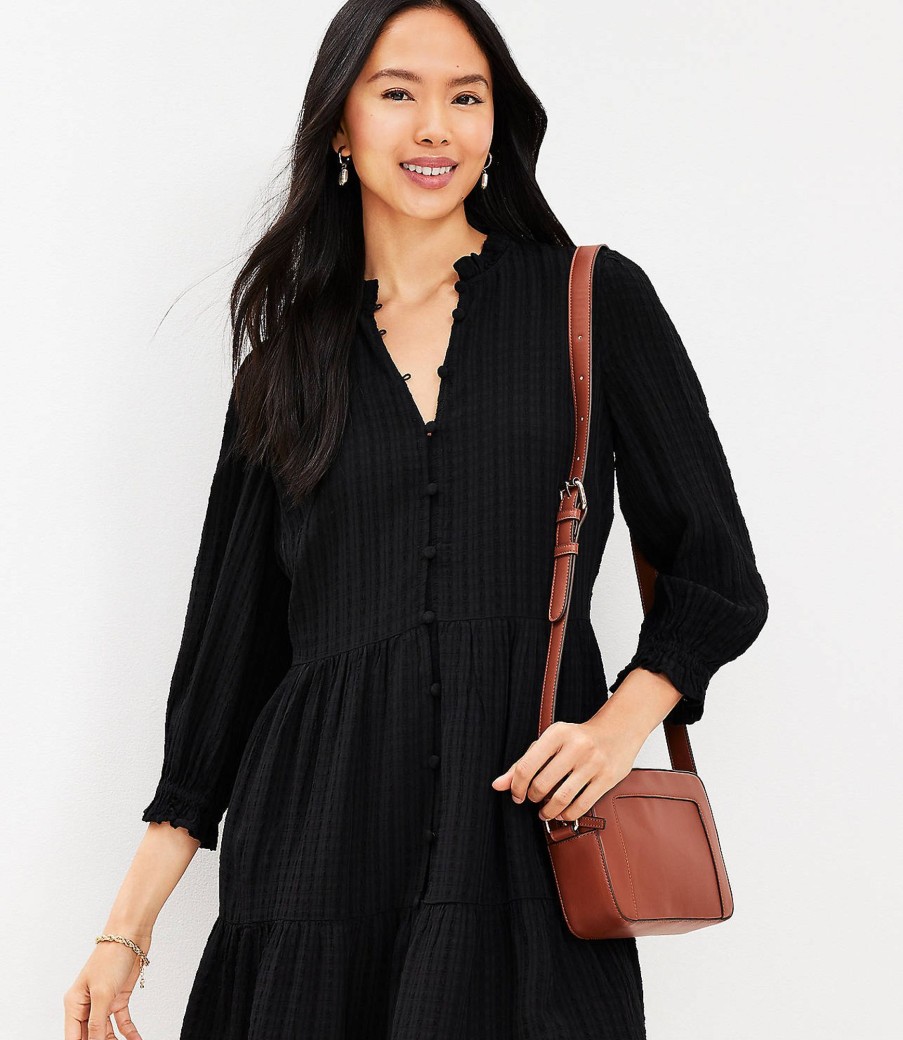 Clothing Loft | Textured Ruffle Button Swing Dress Black