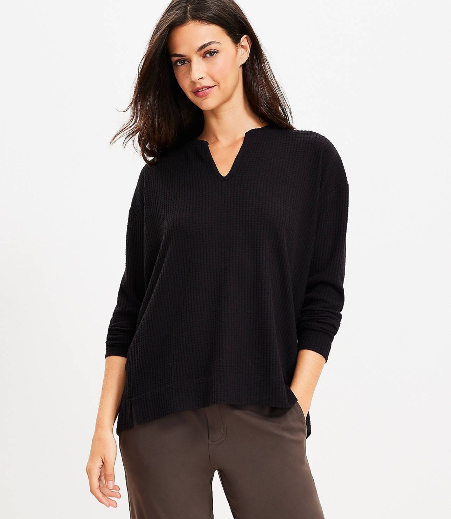 Clothing Loft | Lou & Grey Brushed Wafflestitch Split Neck Top Black