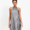 Clothing Loft | Sequin Cutout Back Halter Swing Dress Gunmetal