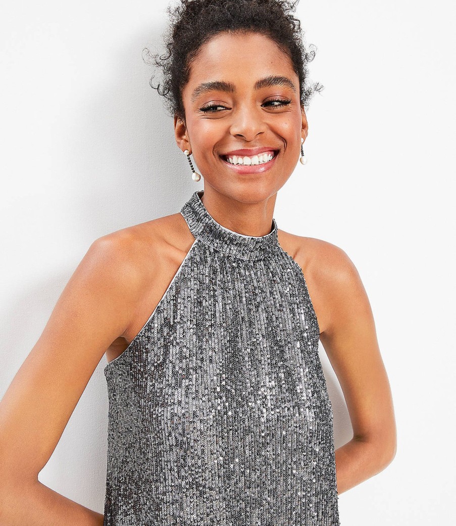 Clothing Loft | Sequin Cutout Back Halter Swing Dress Gunmetal