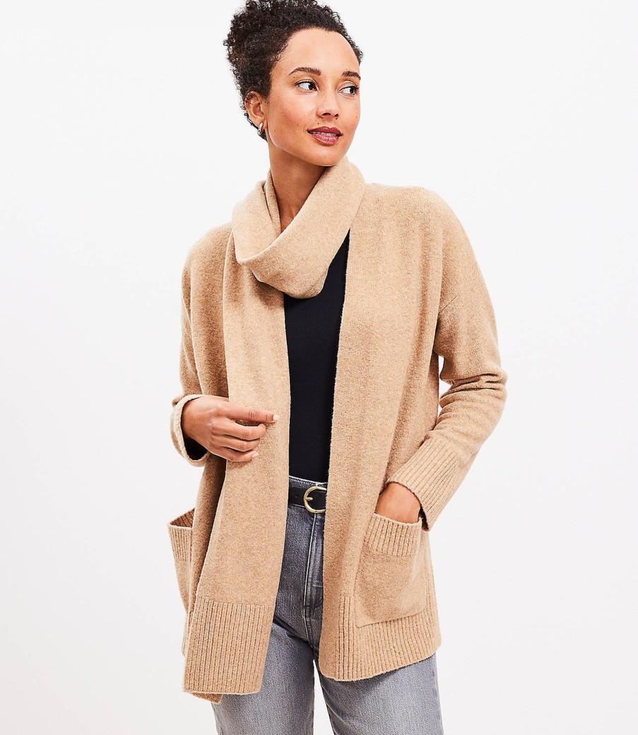 Clothing Loft | Scarf Neck Open Pocket Cardigan Camel Heather