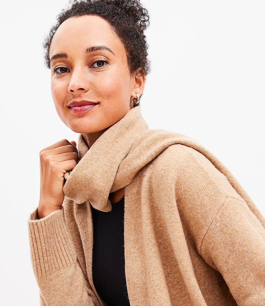 Clothing Loft | Scarf Neck Open Pocket Cardigan Camel Heather