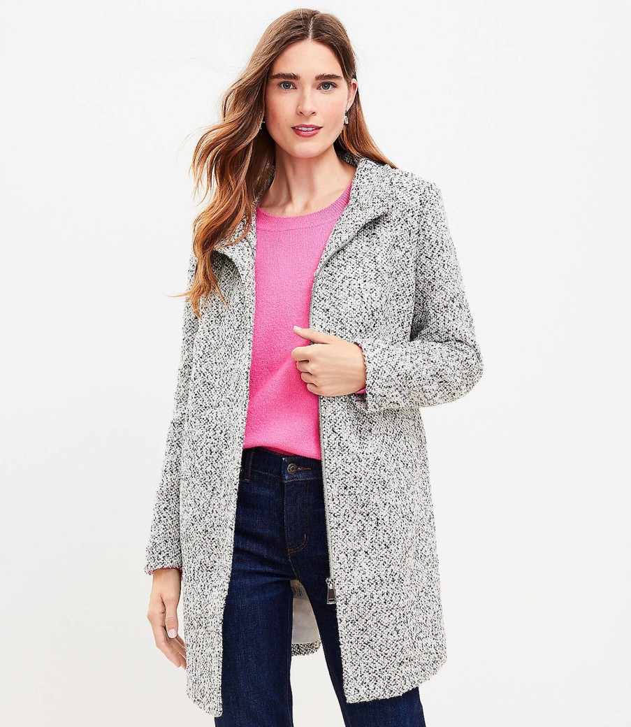 Clothing Loft | Boucle Funnel Neck Coat Black/White Multi