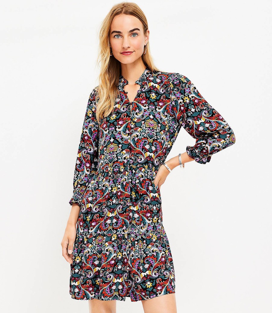 Clothing Loft | Border Floral Ruffle V-Neck Swing Dress Black