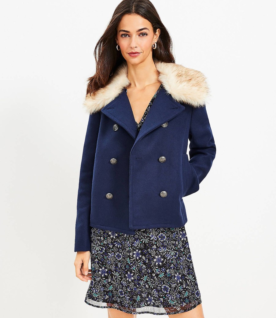 Clothing Loft | Faux Fur Collar Doublecloth Jacket Deep Space Blue