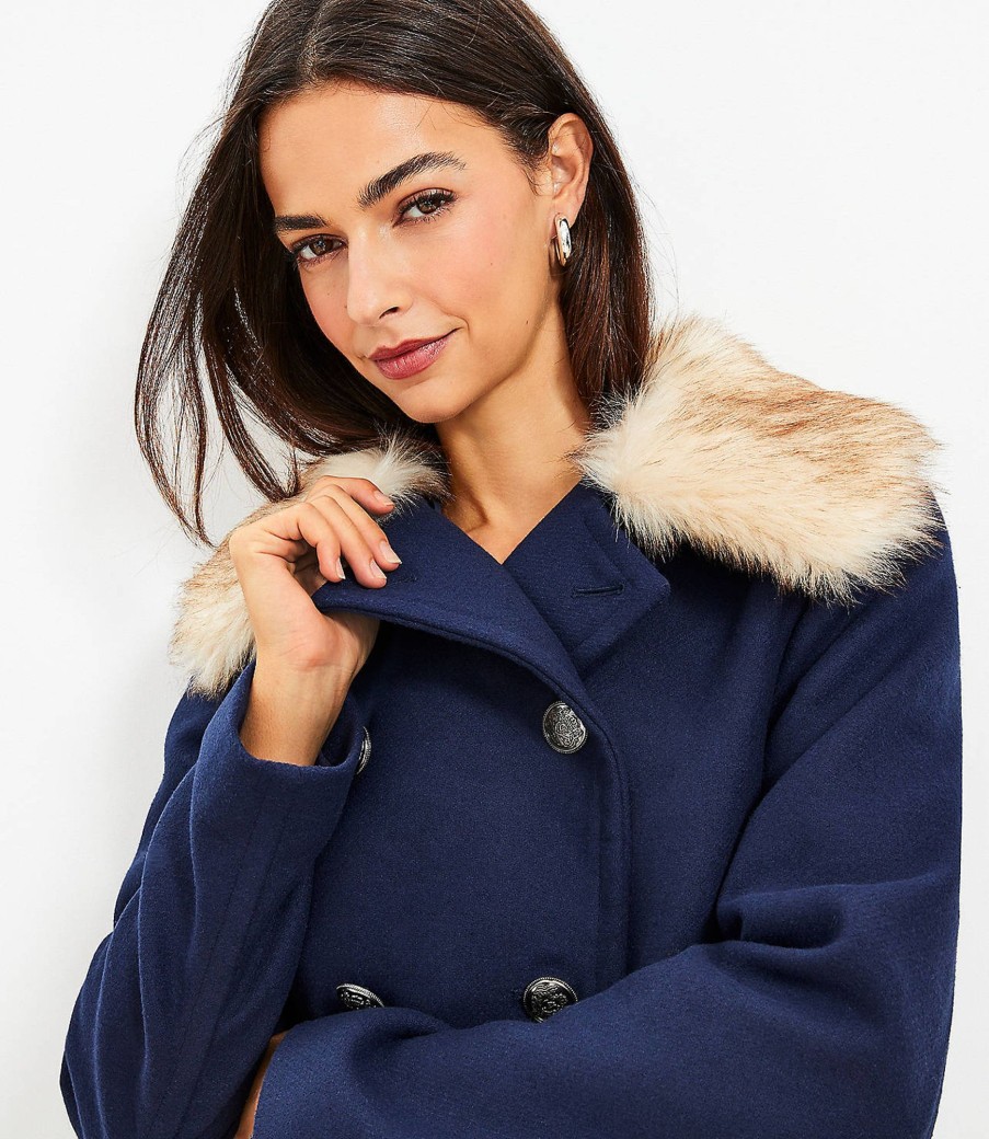 Clothing Loft | Faux Fur Collar Doublecloth Jacket Deep Space Blue