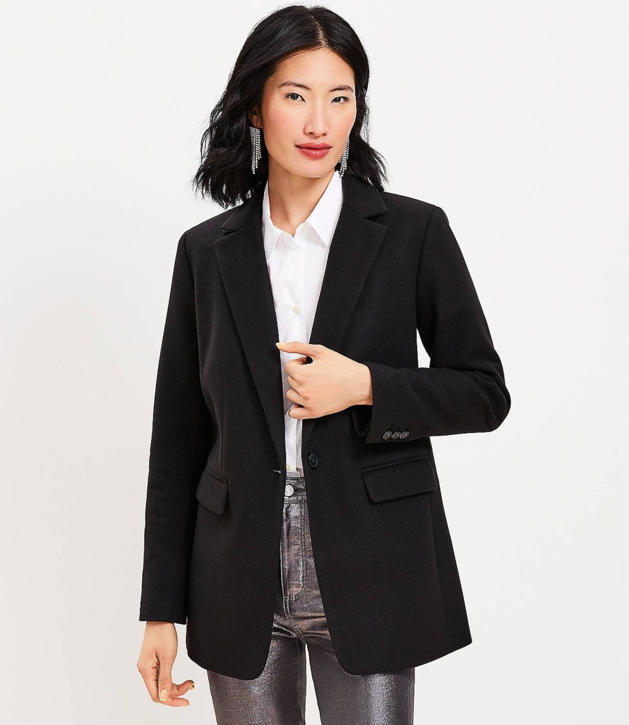 Clothing Loft | Brushed Herringbone Long Modern Blazer Black