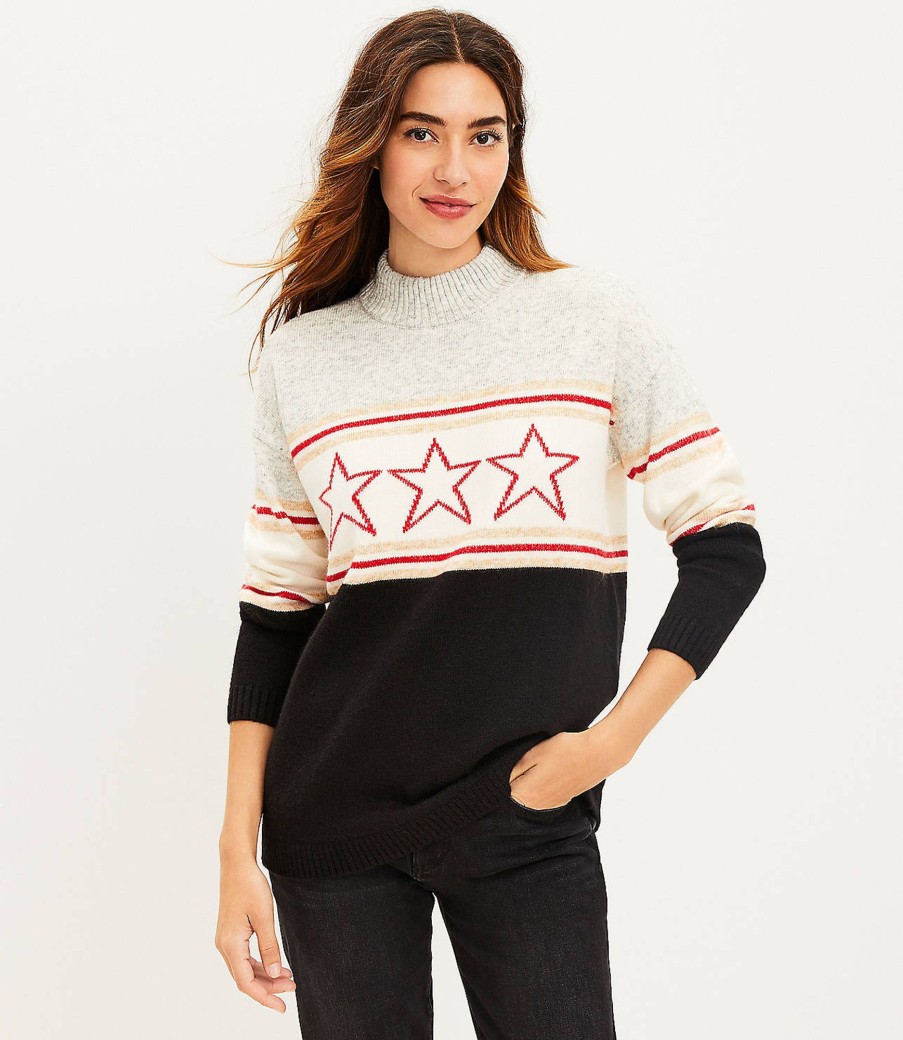 Clothing Loft | Lou & Grey Star Stripe Mock Neck Sweater Pebble Grey Heather