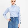 Clothing Loft | Striped Button Sleeve Mock Neck Shirt Anika Blue