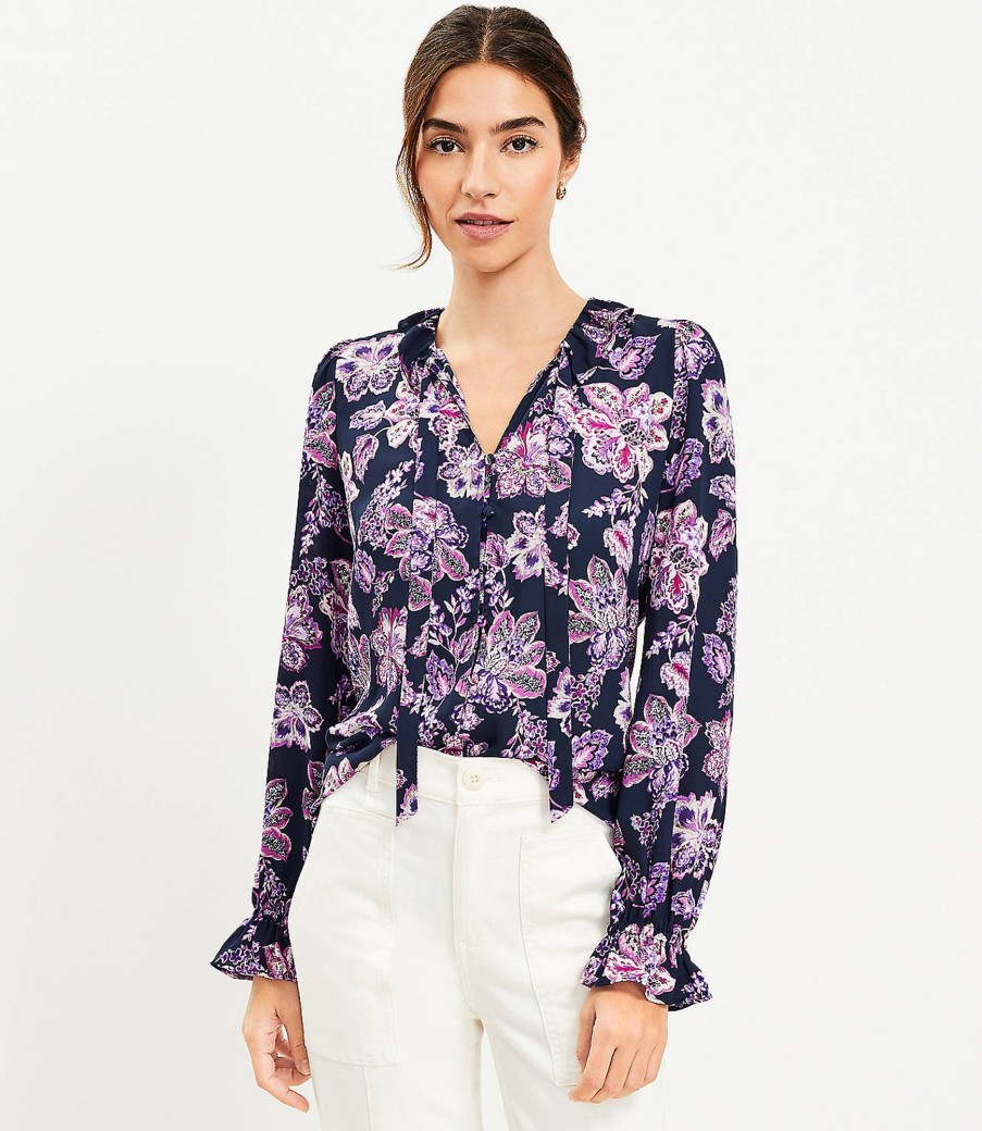 Clothing Loft | Floral Ruffle Tie Neck Blouse Deep Space Blue