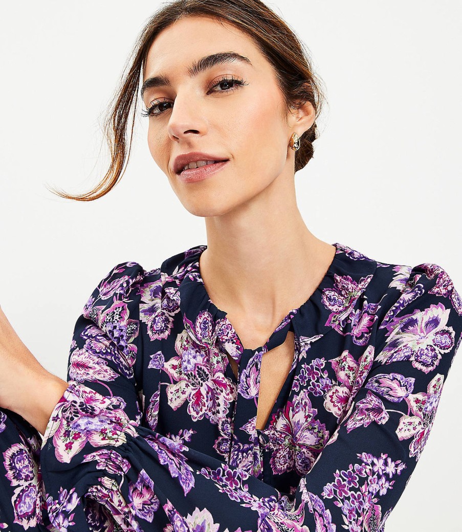 Clothing Loft | Floral Ruffle Tie Neck Blouse Deep Space Blue