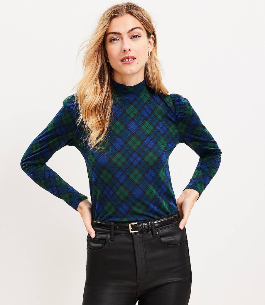 Clothing Loft | Plaid Puff Sleeve Mock Neck Top Brushstroke Blue