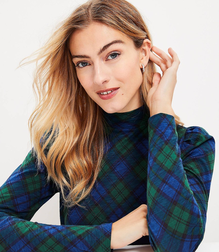 Clothing Loft | Plaid Puff Sleeve Mock Neck Top Brushstroke Blue