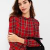 Clothing Loft | Plaid Ruched Ruffle Neck Blouse Tango Red