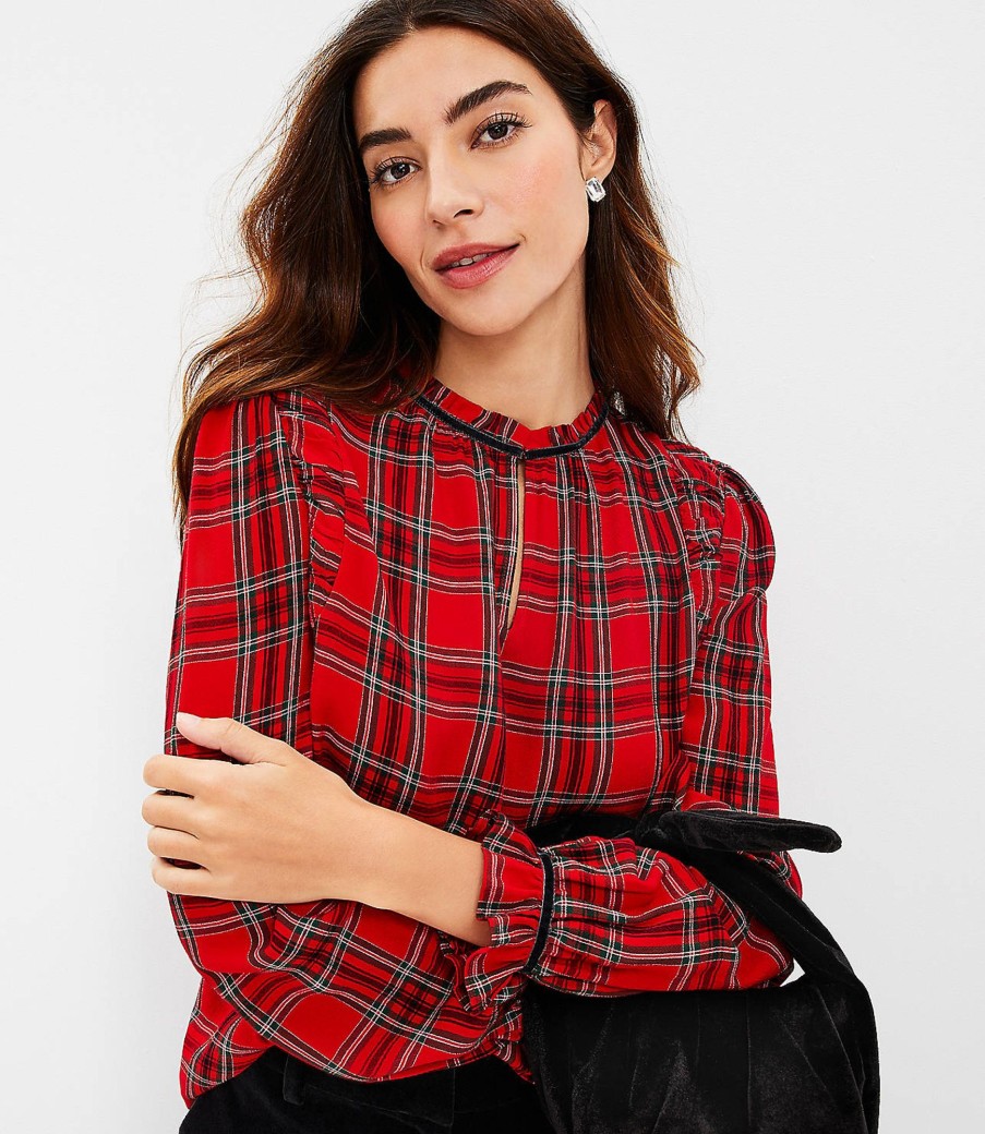 Clothing Loft | Plaid Ruched Ruffle Neck Blouse Tango Red