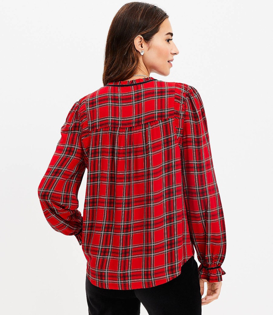 Clothing Loft | Plaid Ruched Ruffle Neck Blouse Tango Red