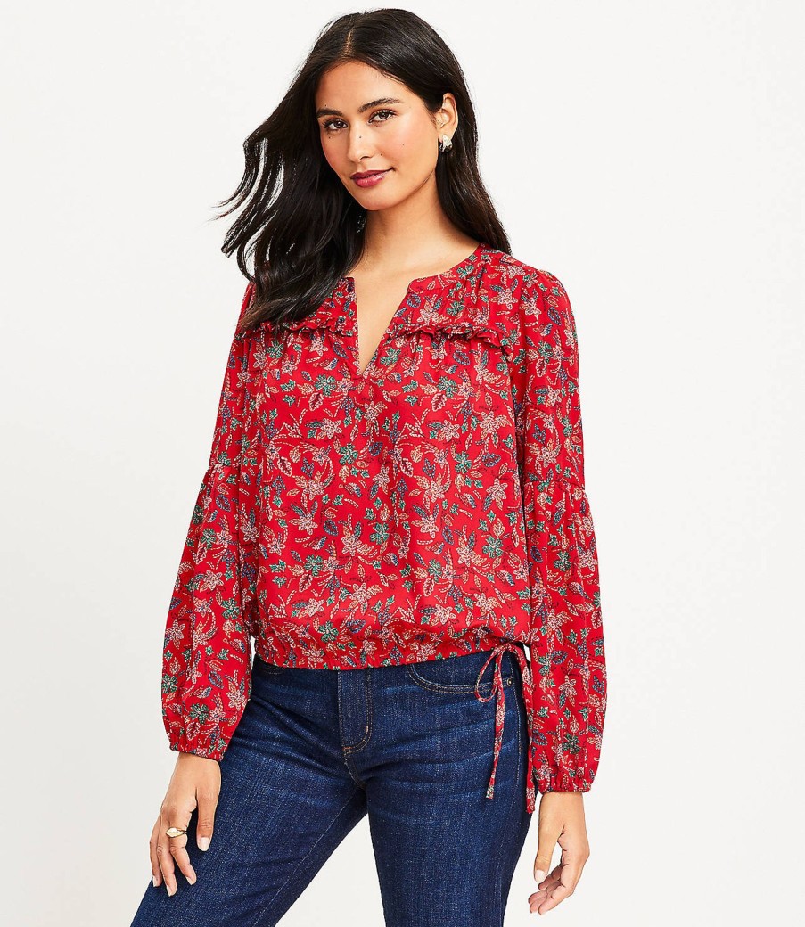 Clothing Loft | Garden Ruffle Yoke Tie Hem Blouse Tango Red