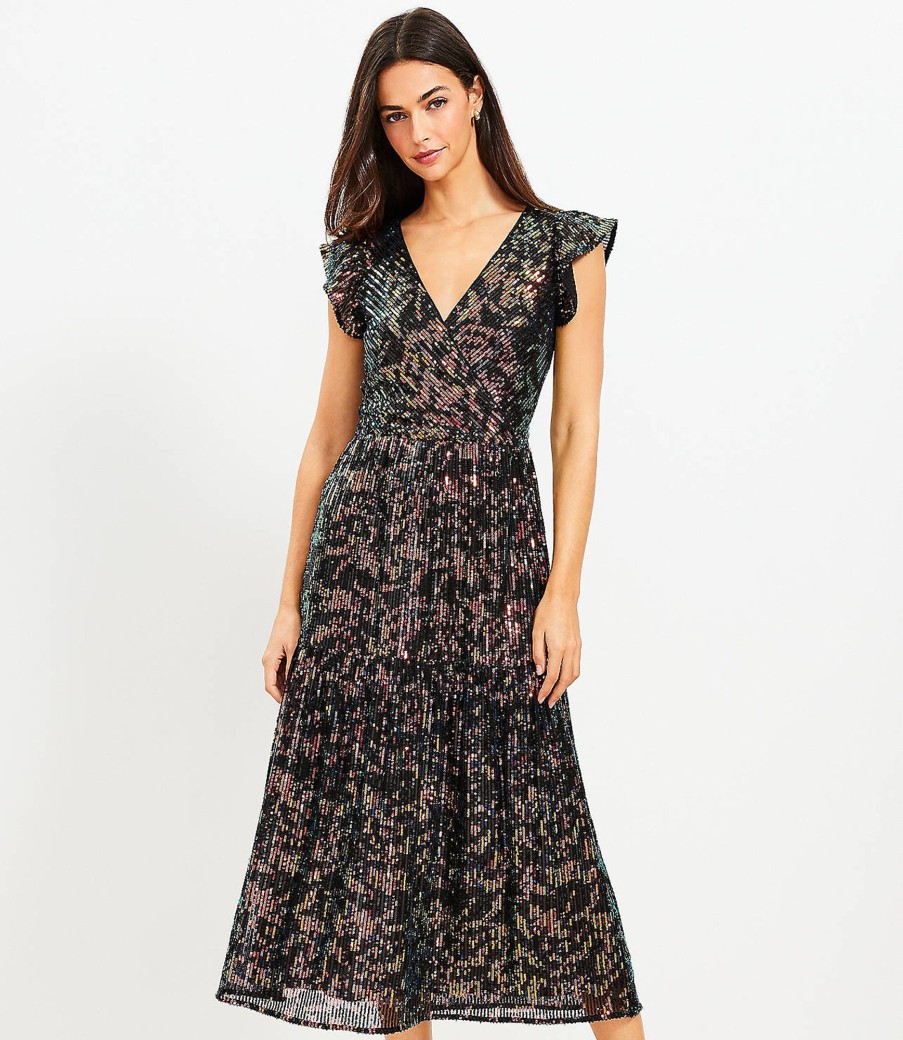 Clothing Loft | Sequin Flutter Tiered Midi Dress Multi