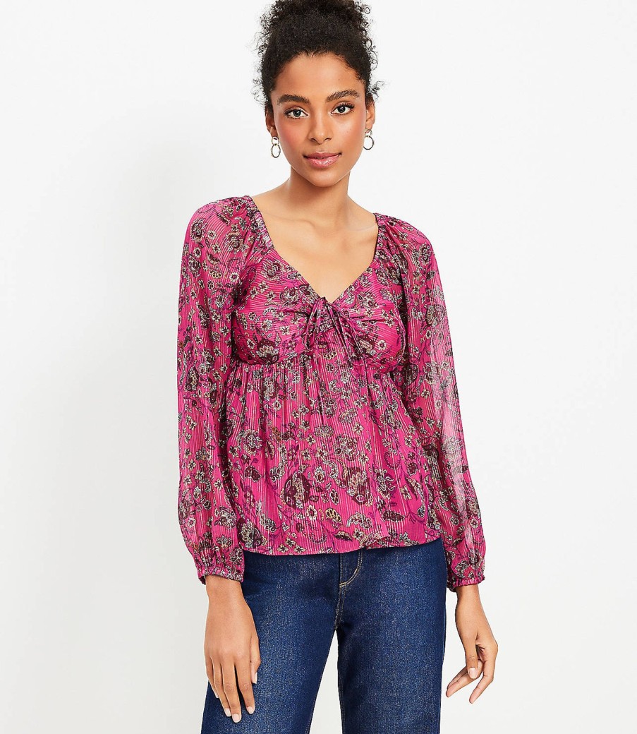 Clothing Loft | Shimmer Stripe Floral Halter Blouse Fuschia Primrose