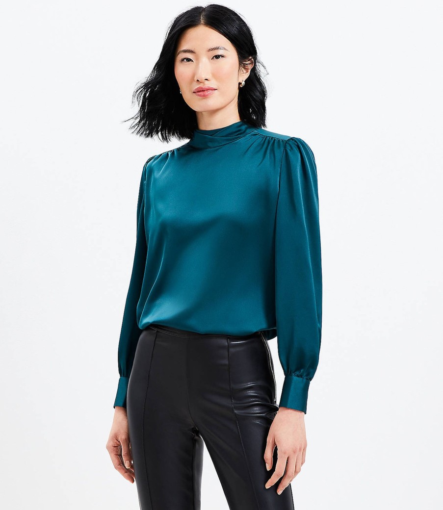 Clothing Loft | Tie Back Mock Neck Blouse Teal Shadow