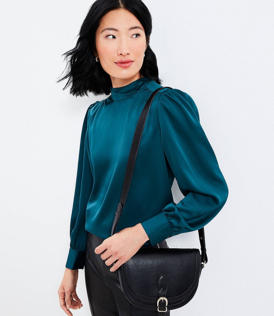 Clothing Loft | Tie Back Mock Neck Blouse Teal Shadow