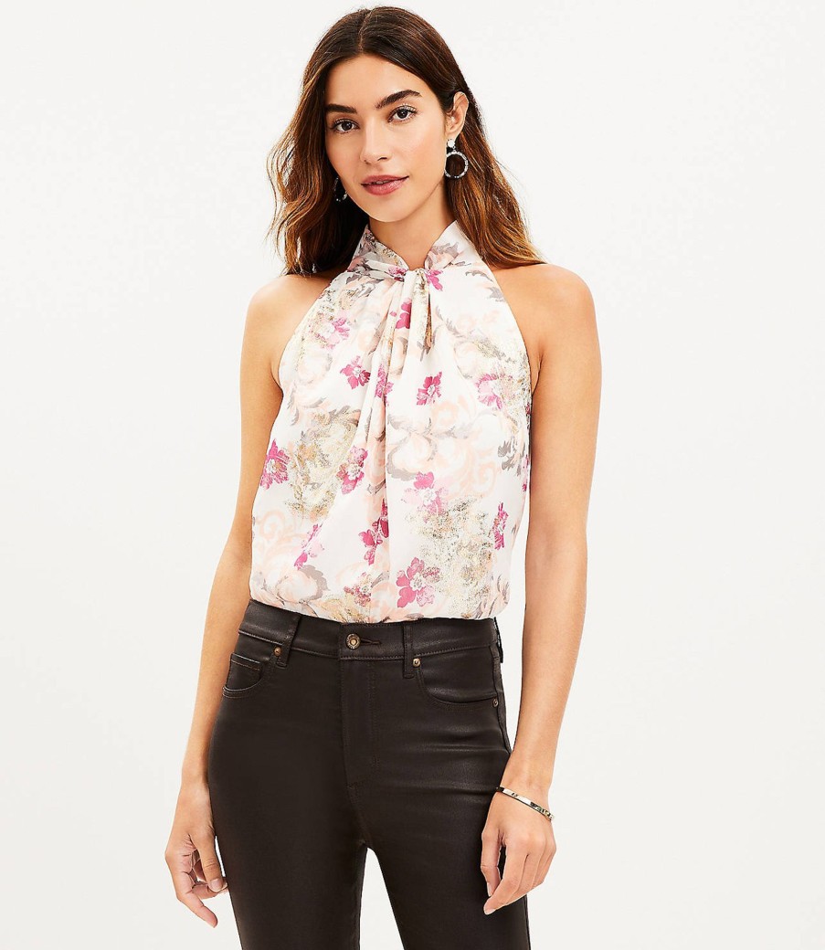 Clothing Loft | Shimmer Floral Twist Halter Top Whisper White