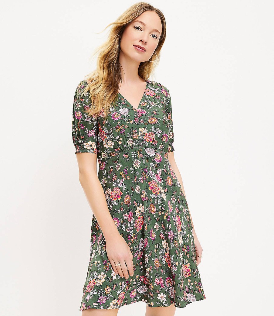 Clothing Loft | Country Garden Puff Sleeve V-Neck Dress Fresh Thyme