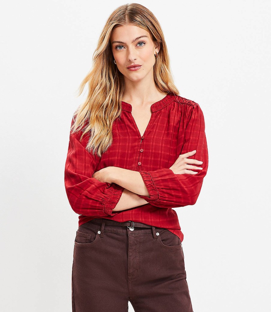 Clothing Loft | Dobby Stripe Ruched Shoulder Blouse Light Terracotta